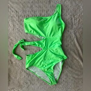 NWOT- AMAZON Lime Green Cut Out One Shoulder One Piece Swim Suit